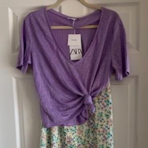 Zara v neck linen t shirt purple NWT